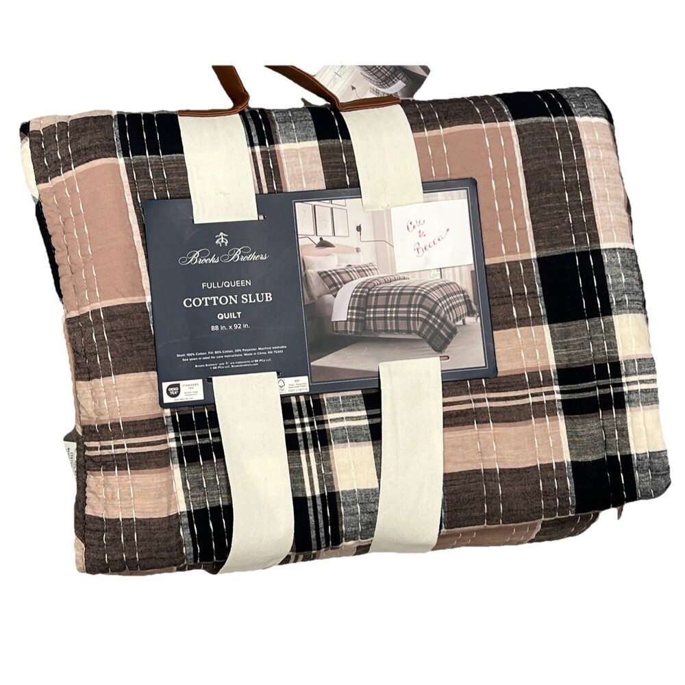 Brooks Brothers Tan White Black Full Queen Cotton Slub Quilt Reversible NWT